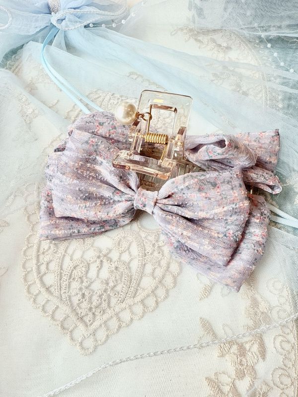 紫色碎花蝴蝶結抓夾 