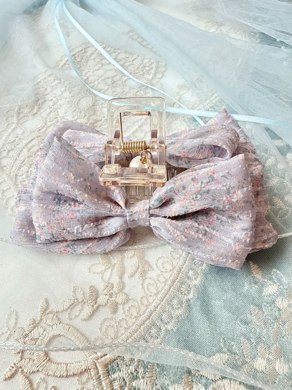 紫色碎花蝴蝶結抓夾 