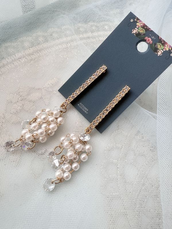 線型水鑽珍珠串氣質耳環 