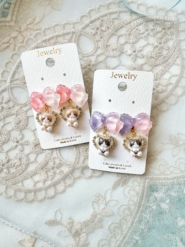 果凍感蝴蝶結垂墜可愛貓咪耳環 