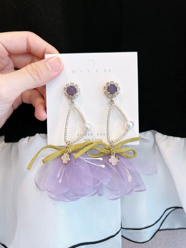 森林系雪紡紗花束幾何珍珠鋼針大耳環 