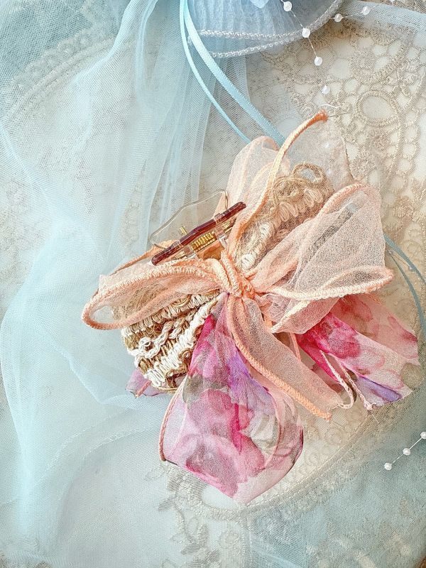 春夏草編多層次雪紡蝴蝶結抓夾 