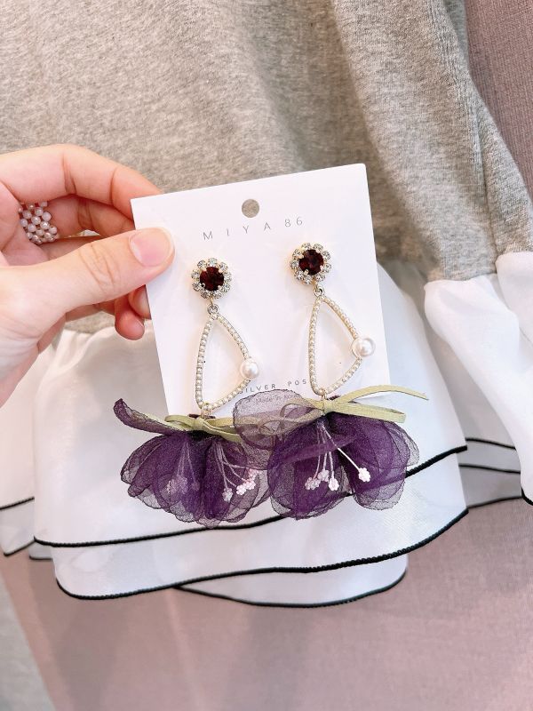 森林系雪紡紗花束幾何珍珠鋼針大耳環 