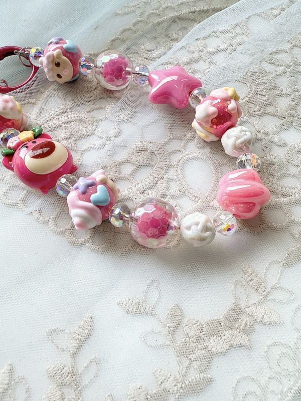 桃色糖果色串珠抱哥手機吊飾/掛墜 