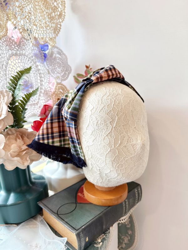 打結式仿帽格紋流蘇造型日系髮圈 