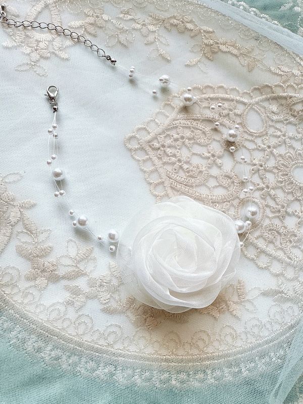 法式珍珠氣質柔感雪紡玫瑰頸鏈 
