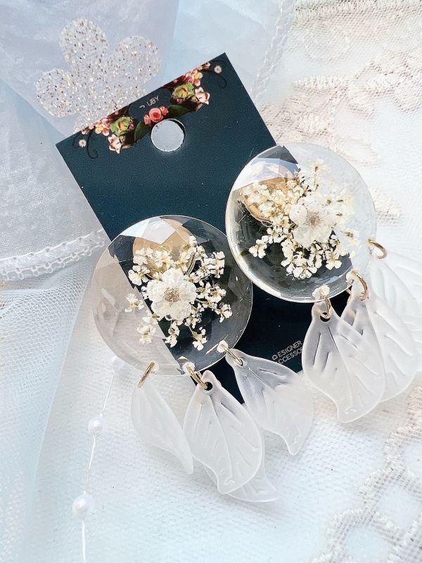 壓克力壓花垂墜樹酯葉片氣質鋼針耳環 