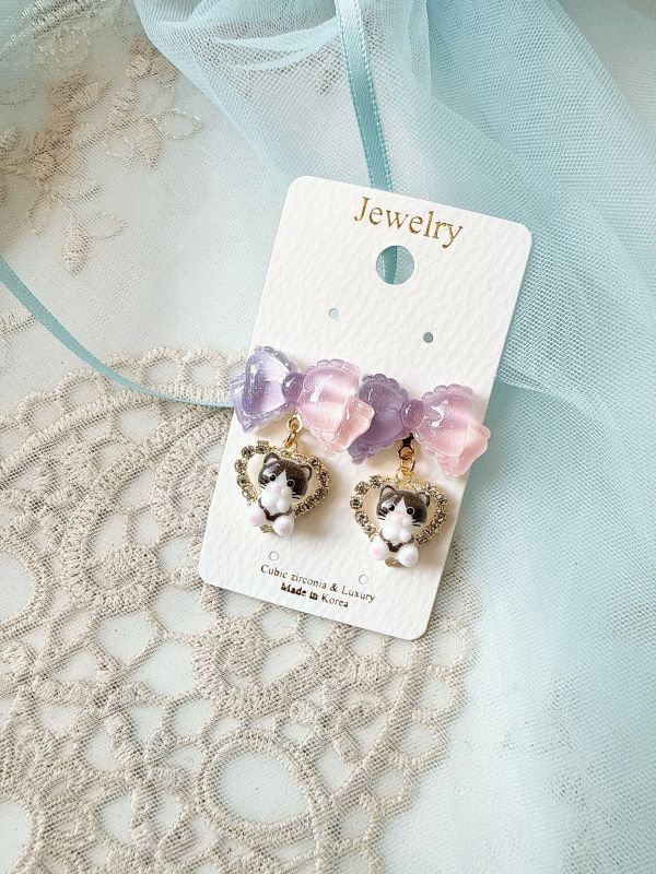 果凍感蝴蝶結垂墜可愛貓咪耳環 