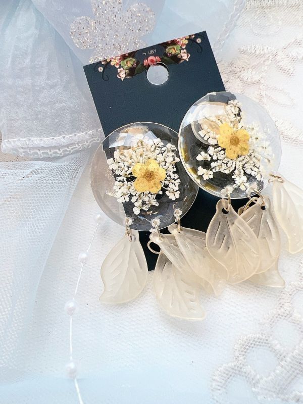 壓克力壓花垂墜樹酯葉片氣質鋼針耳環 