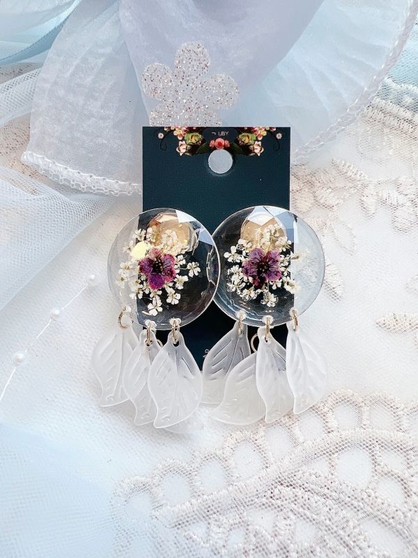 壓克力壓花垂墜樹酯葉片氣質鋼針耳環 