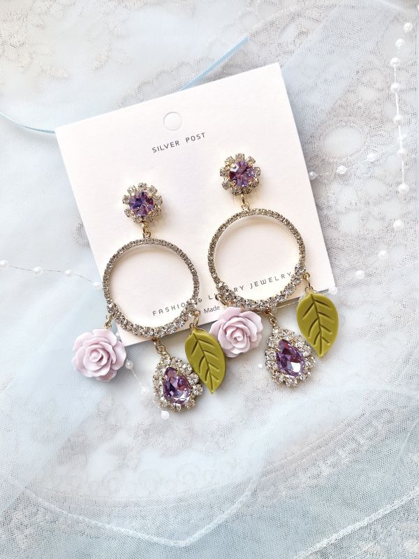 紫色華麗滿鑽樹酯玫瑰花大耳環 