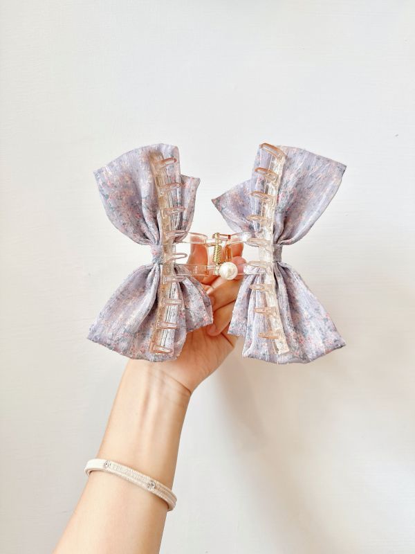 紫色碎花蝴蝶結抓夾 
