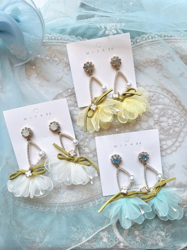 森林系雪紡紗花束幾何珍珠鋼針大耳環 