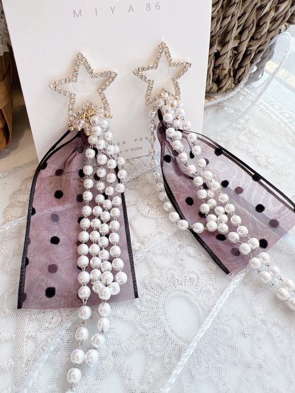 星星垂墜紫色系點點個性珍珠大耳環 