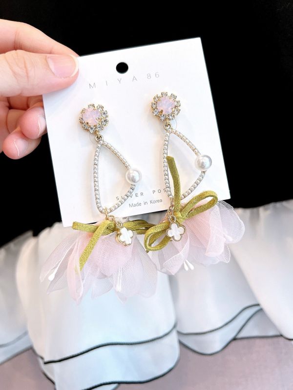 森林系雪紡紗花束幾何珍珠鋼針大耳環 