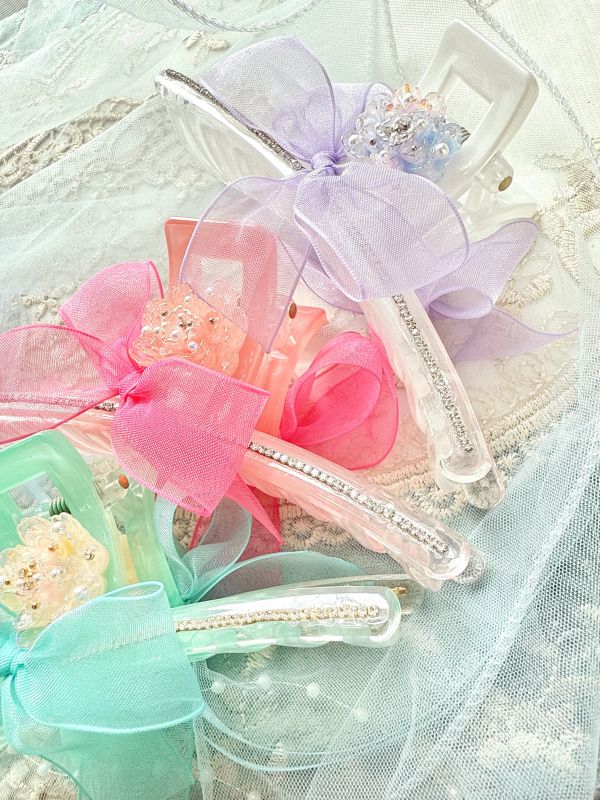 繽紛亮色雪紡蝴蝶結樹酯排鑽抓夾 