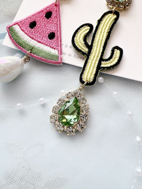撞色閃鑽刺繡西瓜仙人掌休閒風大耳環 