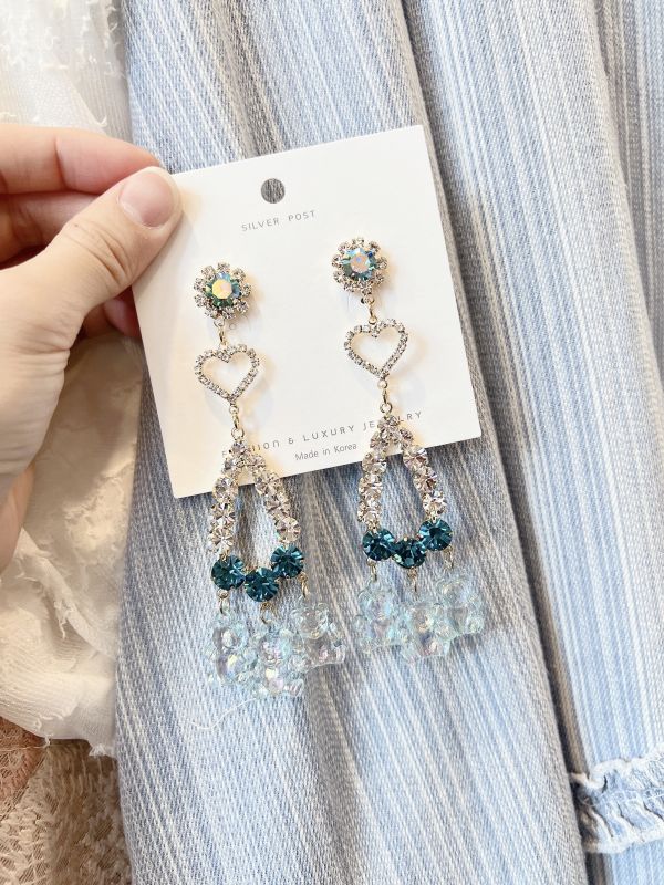 藍色系閃鑽垂墜可愛樹酯小熊大耳環 