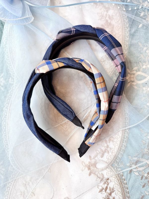 牛仔格紋麻花捲髮箍 