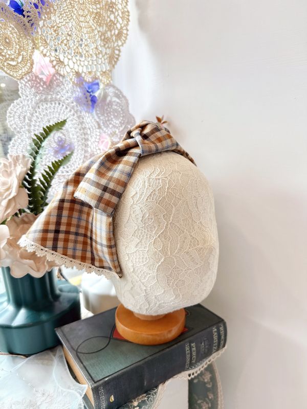 打結式仿帽格紋拼接蕾絲造型日系髮圈 