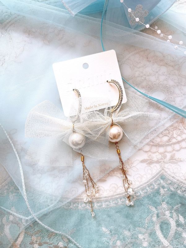 雪紡蝴蝶結水晶垂墜手工設計鋼針大耳環 