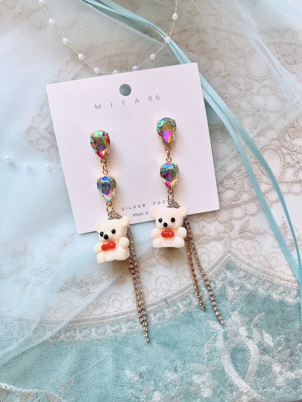 AB華麗水鑽絨毛小熊鋼針垂墜耳環 