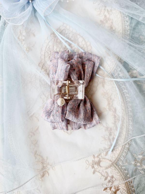 紫色碎花蝴蝶結抓夾 