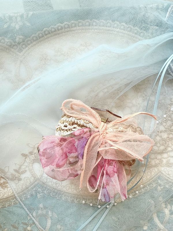 春夏草編多層次雪紡蝴蝶結抓夾 