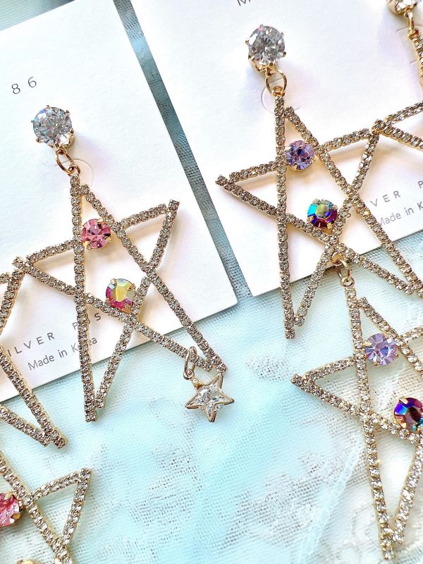 鋯石華麗大星星不對稱鋼針手工設計鋼針大耳環 