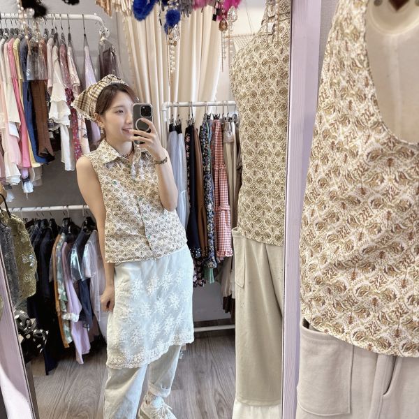 打結式仿帽格紋拼接蕾絲造型日系髮圈 