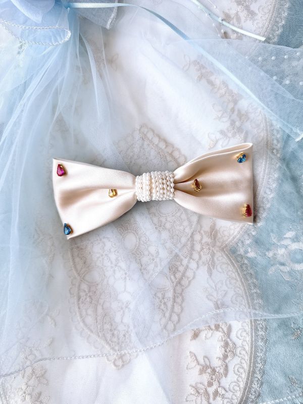 緞面彩虹水滴蝴蝶結髮夾彈跳夾 