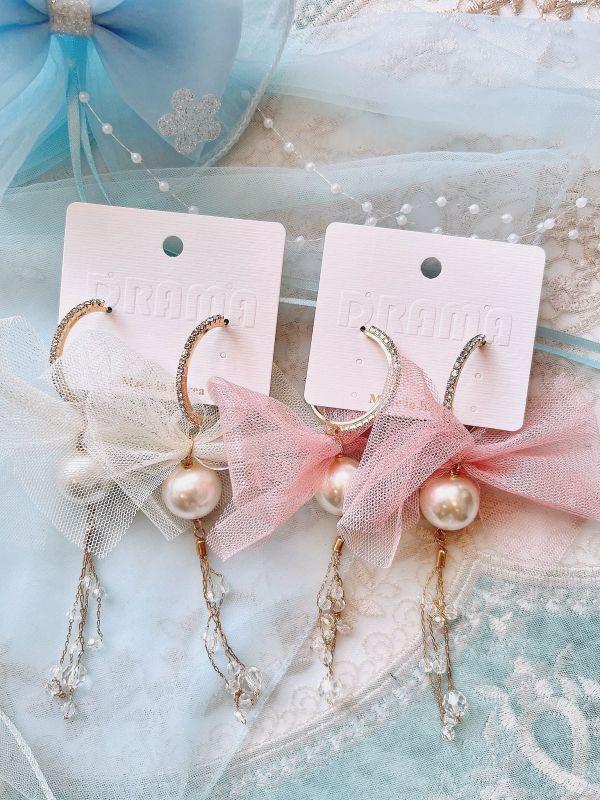 雪紡蝴蝶結水晶垂墜手工設計鋼針大耳環 