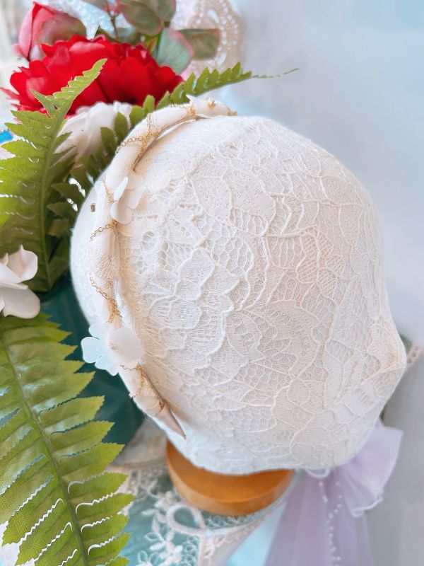 細版刺繡雪紡立體小花金屬鏈點綴髮圈 