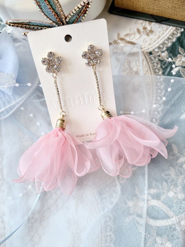 澎鬆雪紡花裙小花白鑽鋼針大耳環（粉色） 
