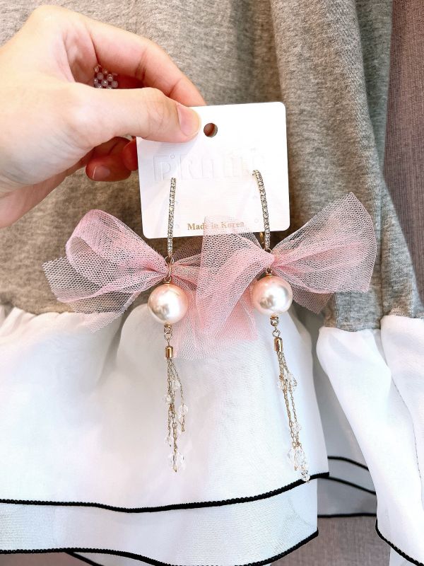 雪紡蝴蝶結水晶垂墜手工設計鋼針大耳環 