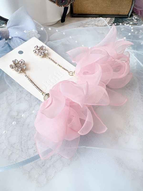 澎鬆雪紡花裙小花白鑽鋼針大耳環（粉色） 