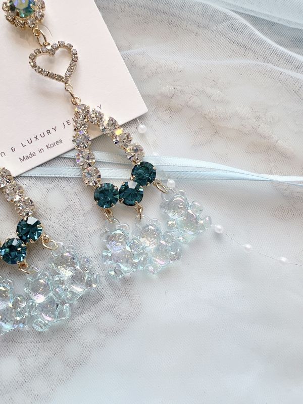 藍色系閃鑽垂墜可愛樹酯小熊大耳環 