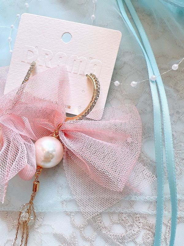 雪紡蝴蝶結水晶垂墜手工設計鋼針大耳環 