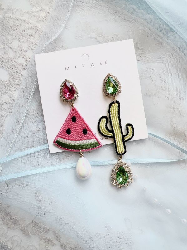 撞色閃鑽刺繡西瓜仙人掌休閒風大耳環 