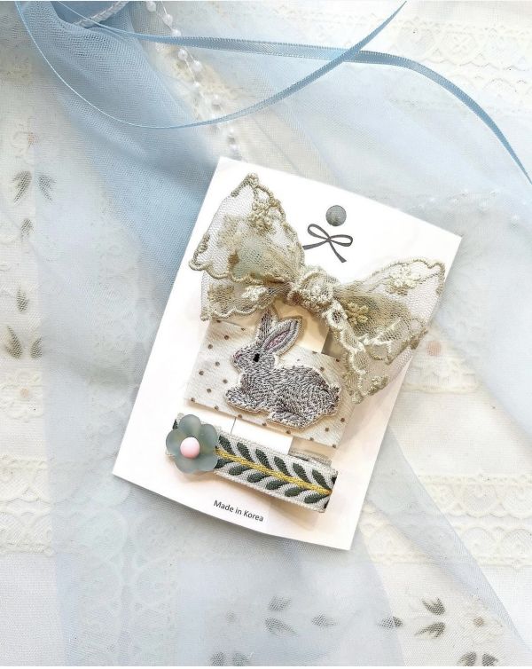 小朋友三件式兔子蝴蝶結髮夾 