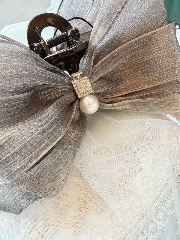 高質感銀蔥絲面雪紡多層次大蝴蝶結抓夾 