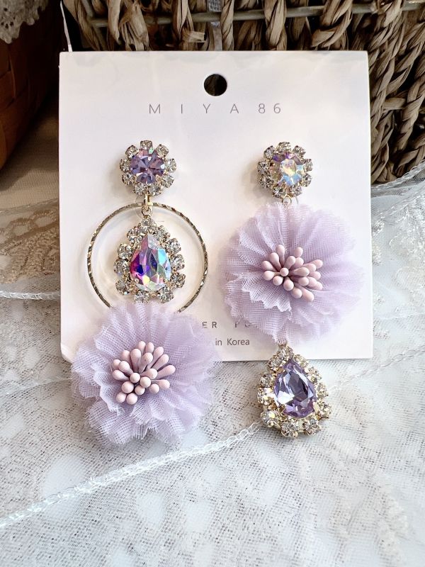 閃鑽雪紡小花不對稱氣質耳環 