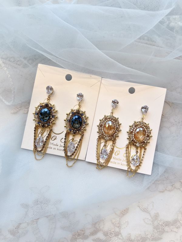 古典華麗珠寶感垂墜鋯石銀針鍍金耳環 