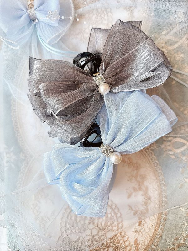 高質感銀蔥絲面雪紡多層次大蝴蝶結抓夾 