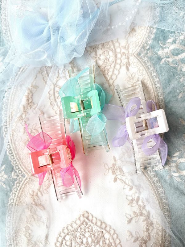 繽紛亮色雪紡蝴蝶結樹酯排鑽抓夾 