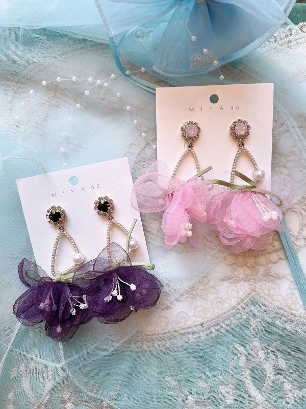 森林系雪紡紗花束幾何珍珠鋼針大耳環 