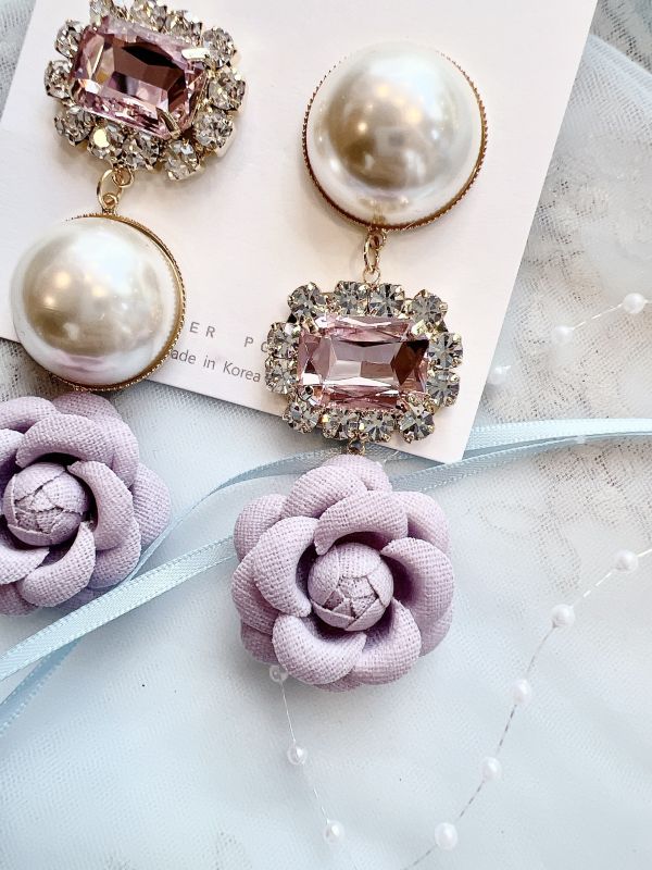 典雅紫玫瑰大閃鑽珍珠氣質大耳環 