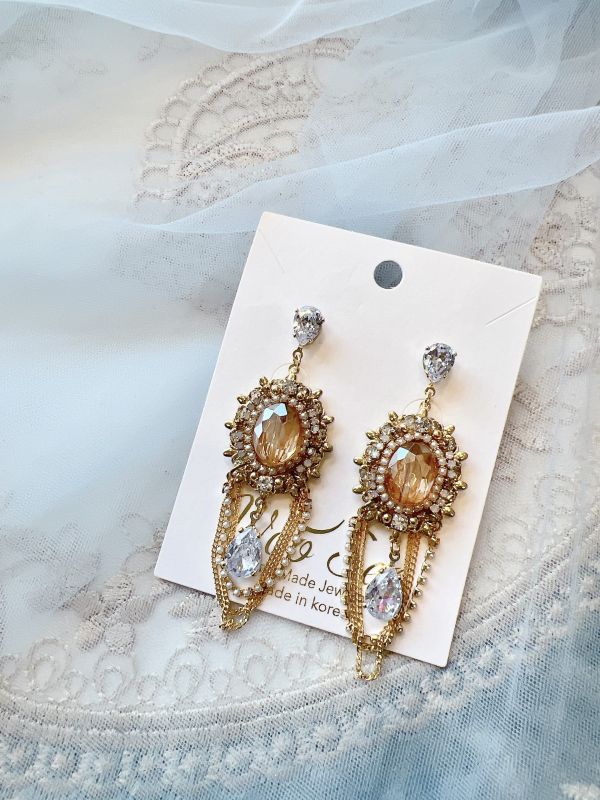 古典華麗珠寶感垂墜鋯石銀針鍍金耳環 