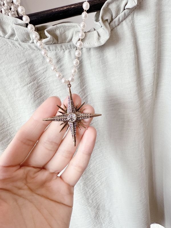 復古雕花閃耀星型珍珠項鏈 