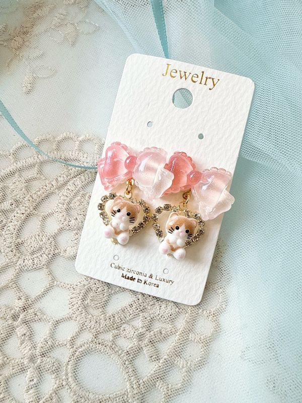 果凍感蝴蝶結垂墜可愛貓咪耳環 